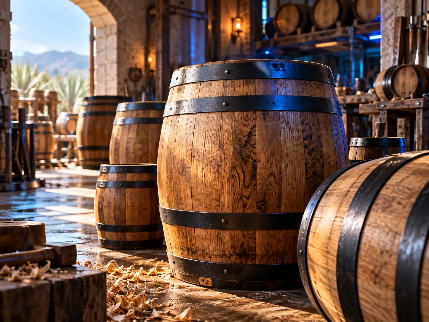 Barriles de roble artesanales en una cava