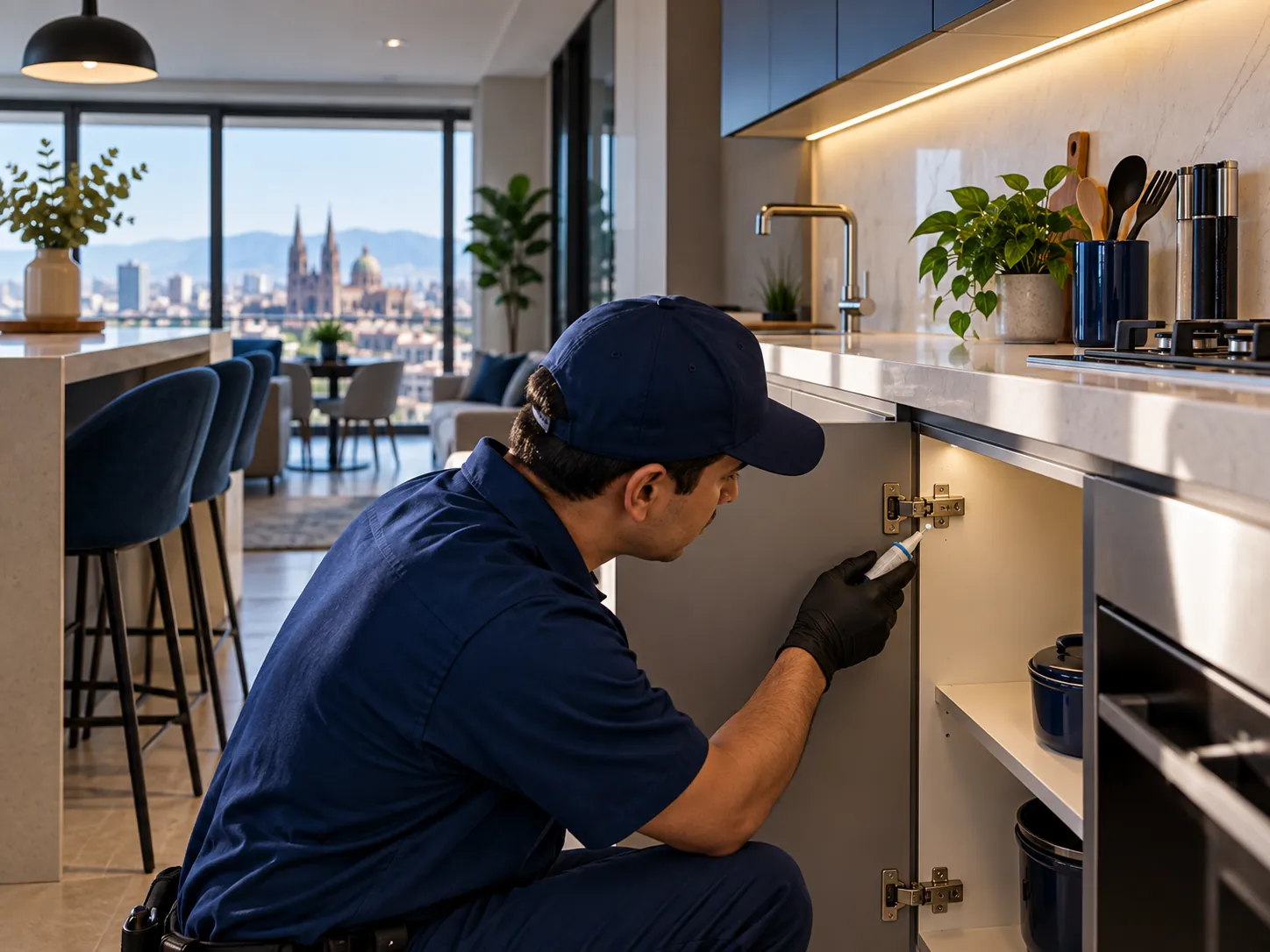 Técnico aplicando tratamiento contra cucarachas en la cocina de un departamento