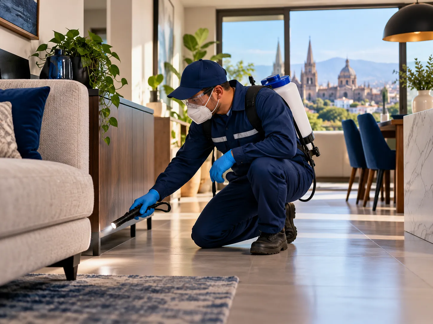 Técnico aplicando tratamiento de fumigación en una sala