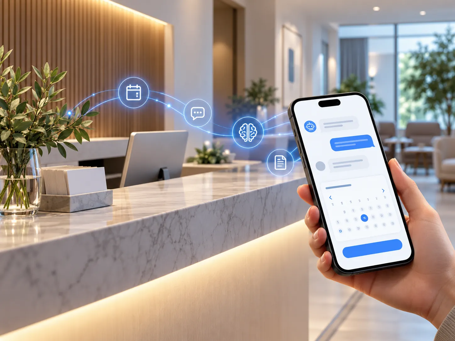 Persona usando un asistente de IA en el celular para agendar una cita desde una recepción